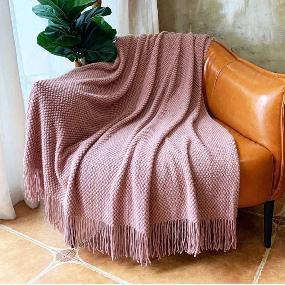 Blush Pink Farmhouse MidCentury Modern Tassel Textured Blanket Sofa/Couch/Bed